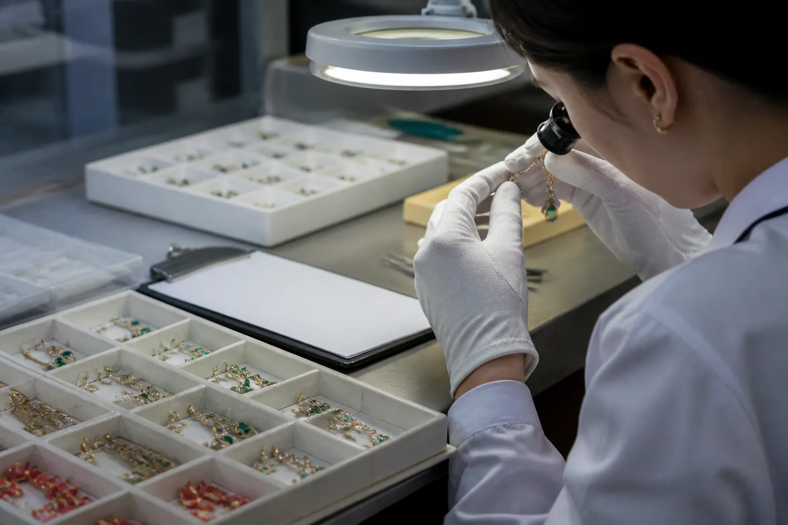 pendientes colgantes - Fotografía de proceso de control de calidad en taller de joyería — técnico examinando lote de pendientes colgantes bajo lupa de aumento, con formulario de inspección AQL visible y piezas separadas en bandejas de aprobado y rechazado