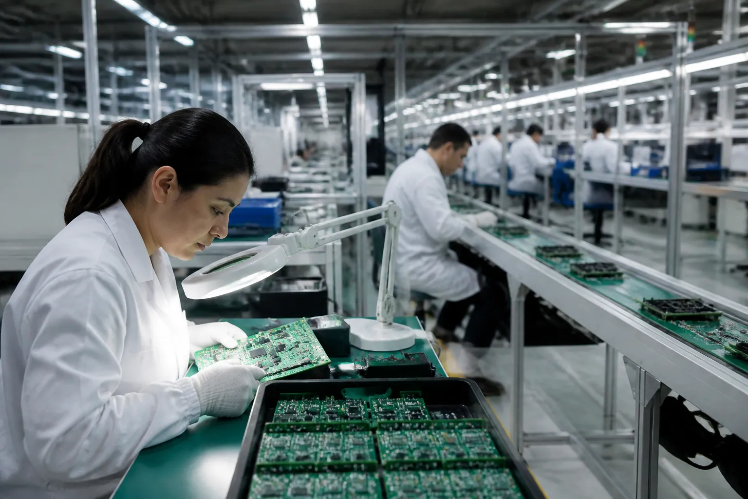 mass manufacturing definition - Photorealistic wide-angle factory floor shot showing a modern Chinese electronics assembly line: workers in white coats at illuminated stations, conveyor belt carrying PCB boards between workstations, overhead fluorescent lighting, clean room aesthetic, foreground in sharp focus fading to blurred production depth