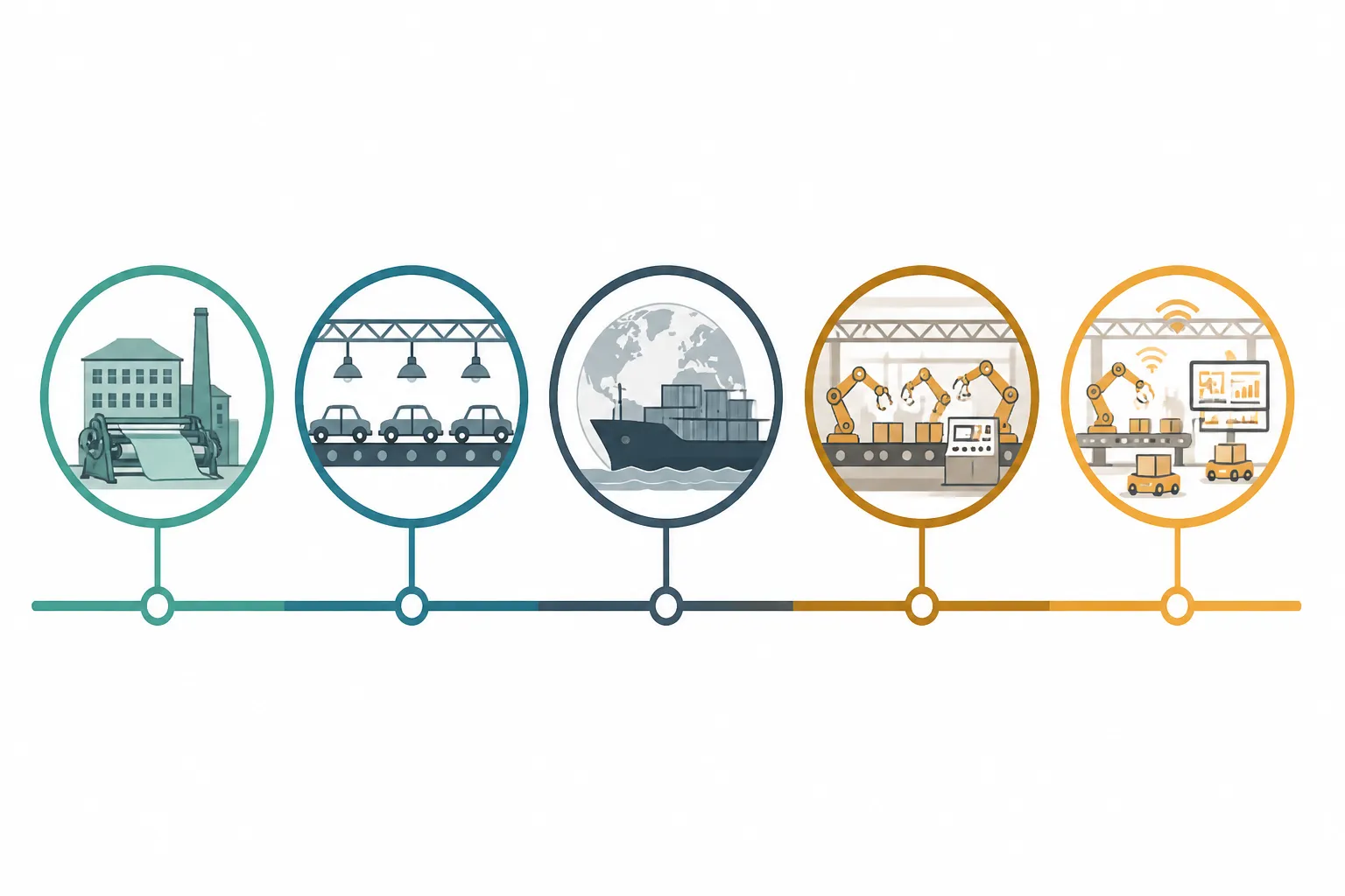 mass manufacturing definition - Clean informational timeline diagram showing the evolution of mass manufacturing from 1873 to present: five labeled milestones (first use of term 1873, US cotton mills, Ford Model T assembly line, post-WWII global expansion, China's rise as manufacturing hub), horizontal timeline with distinct color-coded nodes, flat design, white background, teal/slate/amber color palette
