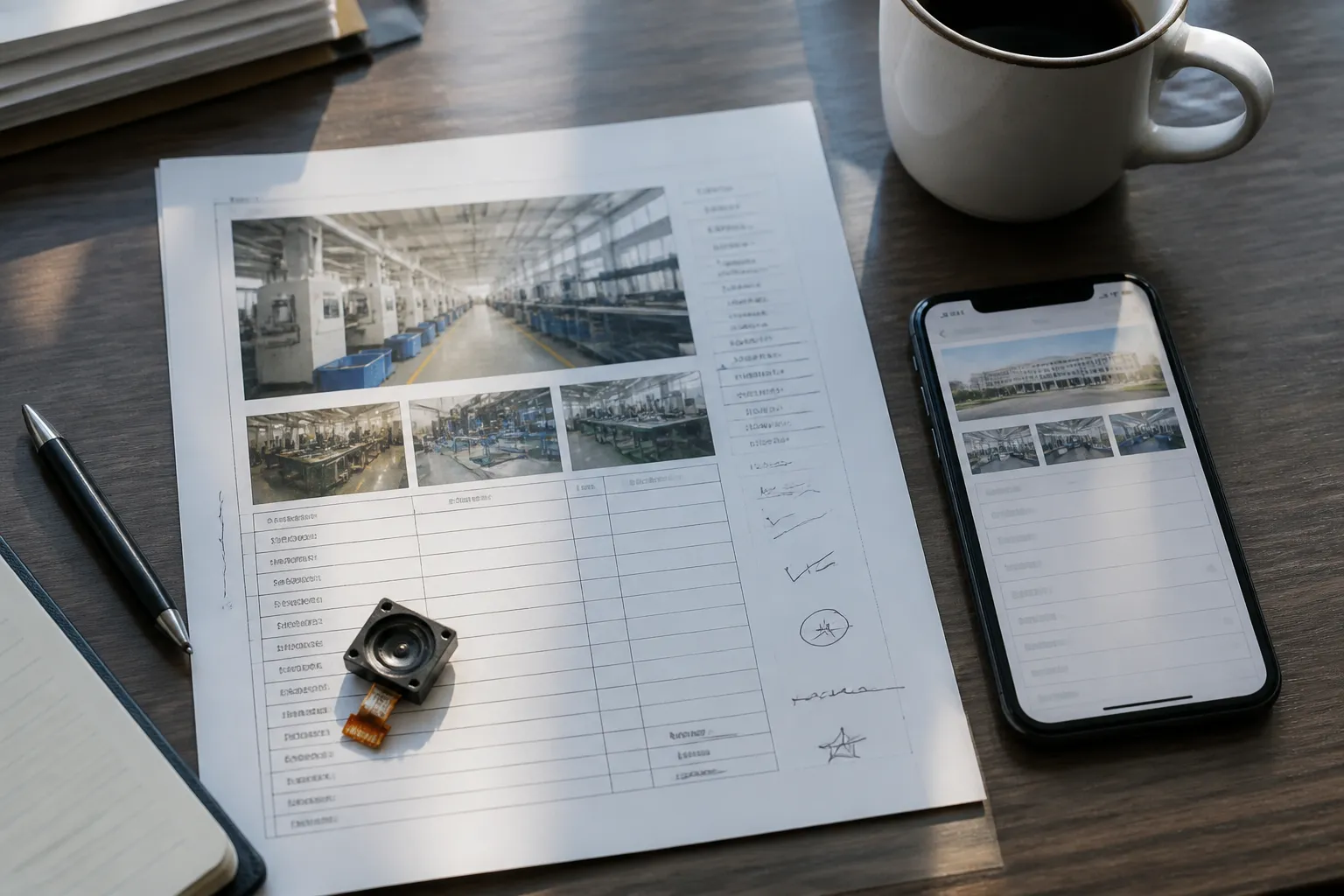mass manufacturing definition - Editorial top-down photo of a sourcing buyer's desk: printed factory capability sheet with handwritten margin notes in English, a smartphone showing a supplier profile card with production type and MOQ fields, a mug of coffee, a physical product sample (small consumer electronics component) resting on the capability sheet, natural window light from the left, authentic working environment
