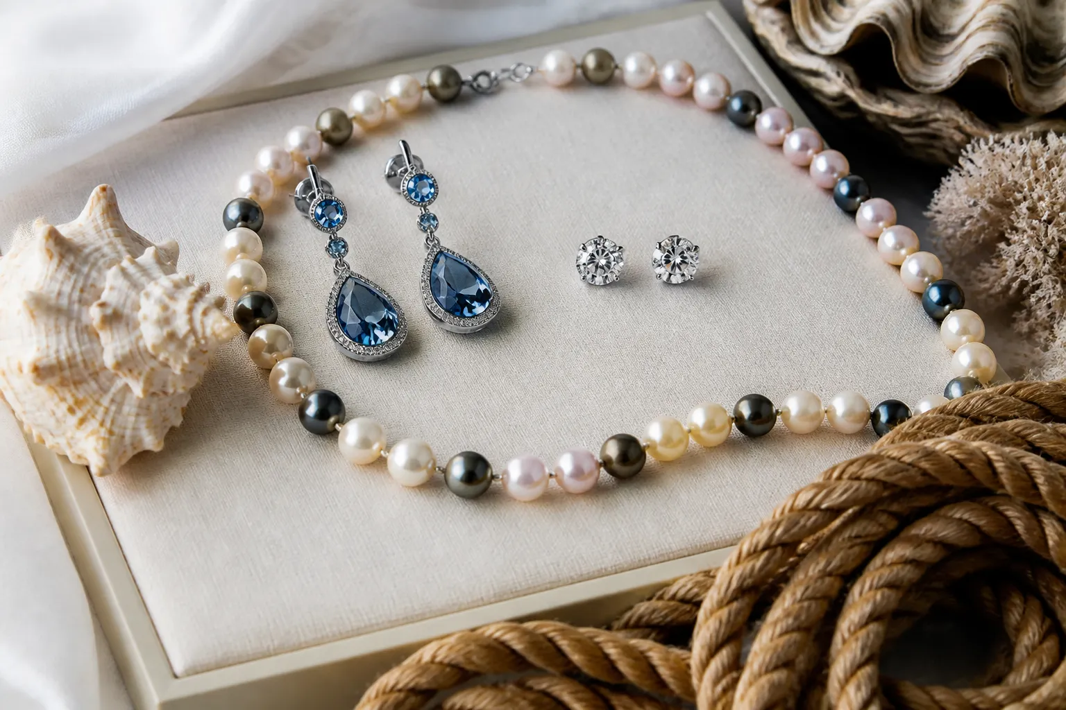 bijoux marine - Photo éditoriale d'une sélection de bijoux marine — boucles d'oreilles pendantes en cristal bleu, collier de perles bicolores et clous en strass — disposés sur un plateau de présentation en lin blanc avec des éléments côtiers (coquillages, corde de bateau)
