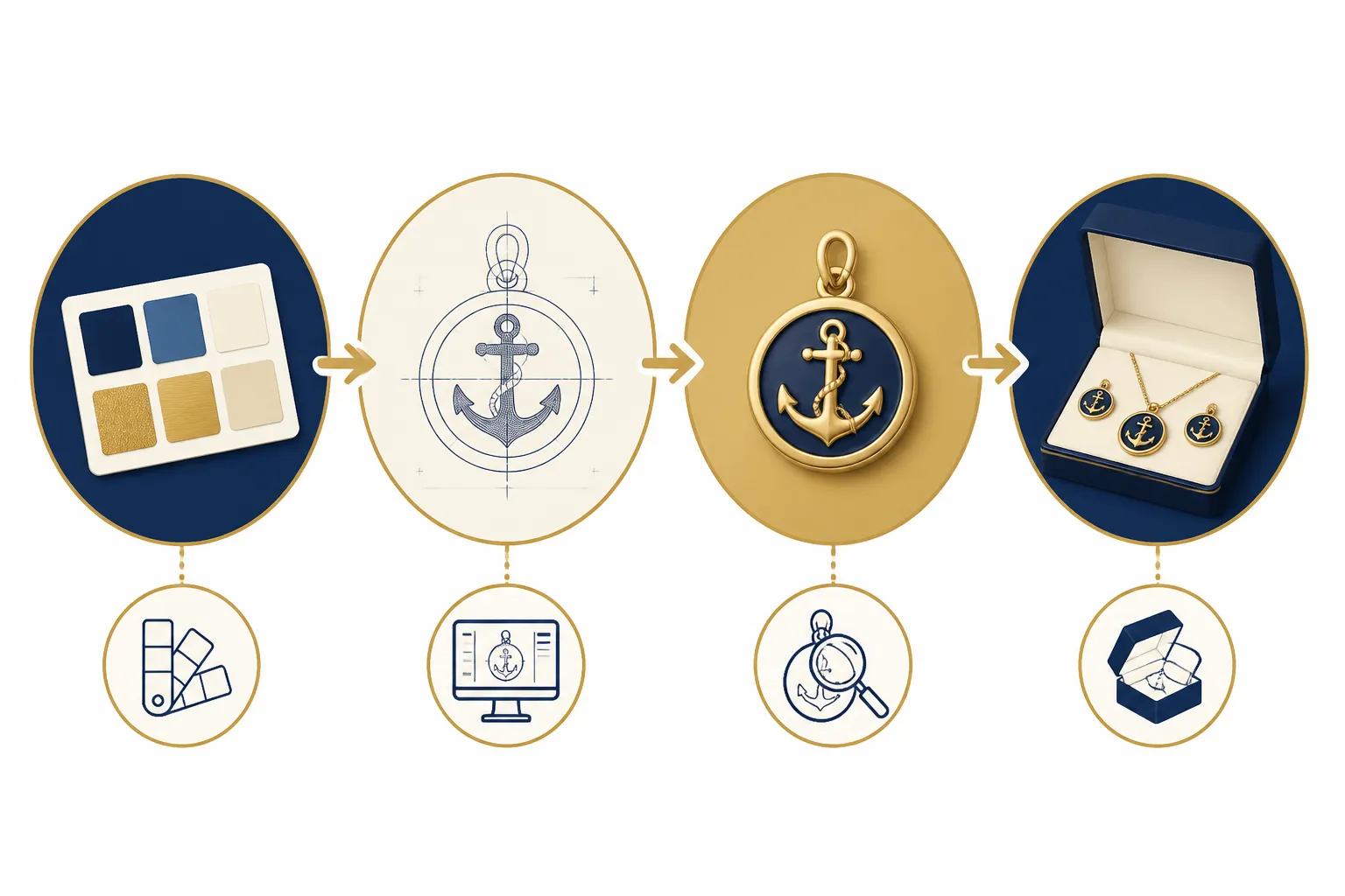 bijoux marine - Mockup annoté montrant les étapes OEM d'un bijou marine : swatch de couleur → fichier technique de gravure logo → échantillon de validation → série finale emballée avec packaging personnalisé