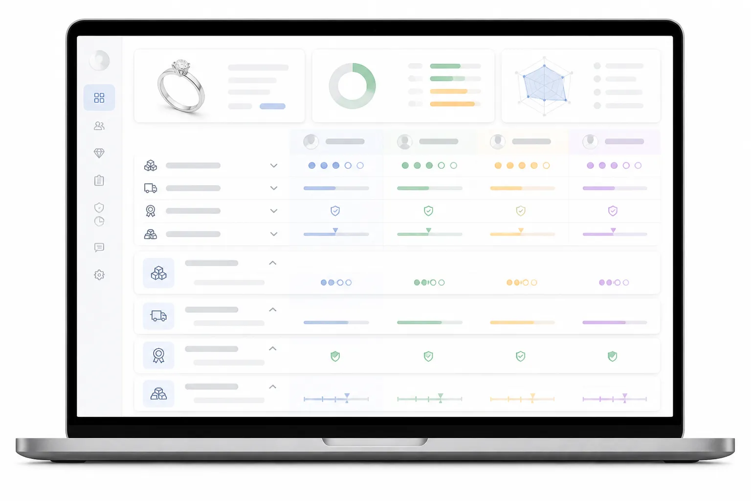 ذهب أبيض - Annotated UI mockup of a B2B jewelry sourcing evaluation checklist displayed on a laptop screen, showing a modern procurement dashboard with expandable rows for "MOQ", "Lead Time", "QC Certification", "Material Composition", soft daylight on screen, clean white background, no decorative elements
