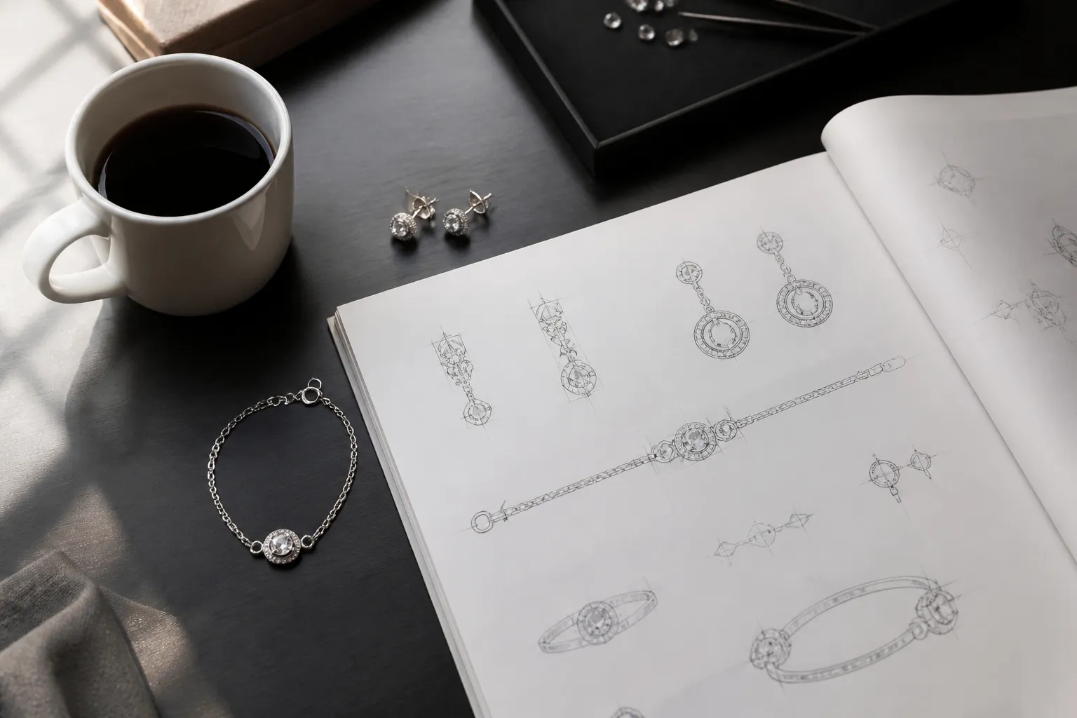 ذهب أبيض - Editorial top-down photo of a procurement desk: open product specification sheet with jewelry sketches in pen, a white gold sample earring and bracelet placed beside the paper, a cup of black coffee, soft natural window light from the left, no text visible, authentic working environment