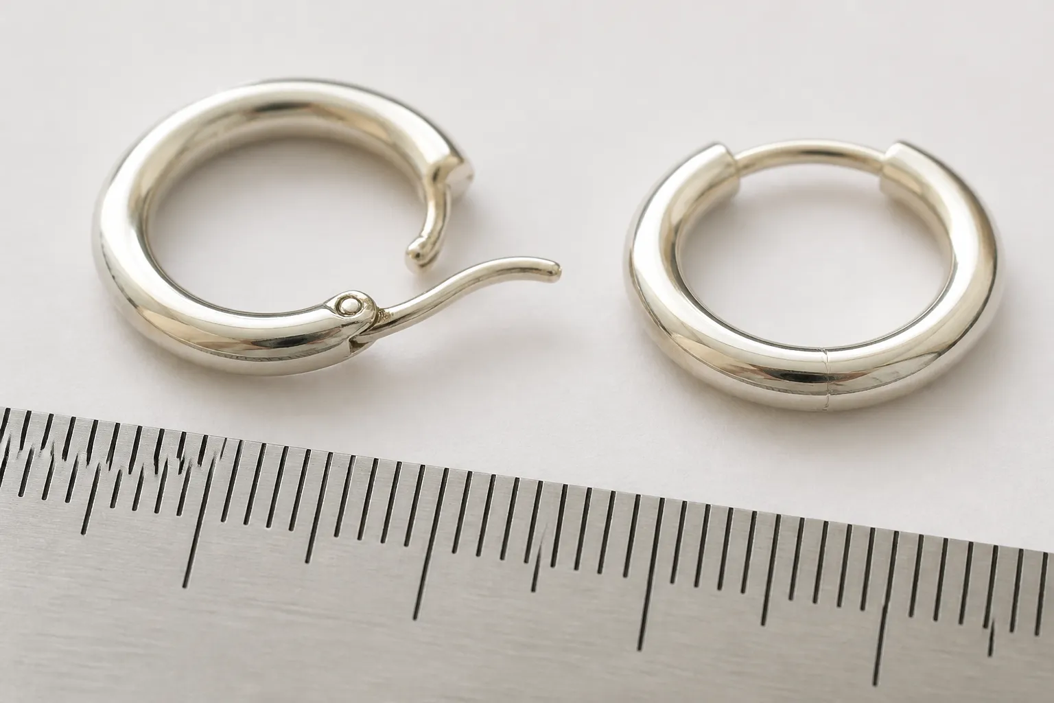 pendientes aro de plata - Fotografía de detalle de un pendiente aro de plata de 35mm con cierre de presión abierto y cerrado, mostrando el mecanismo de cierre y el acabado del aro con una regla milimetrada al lado para referencia de escala