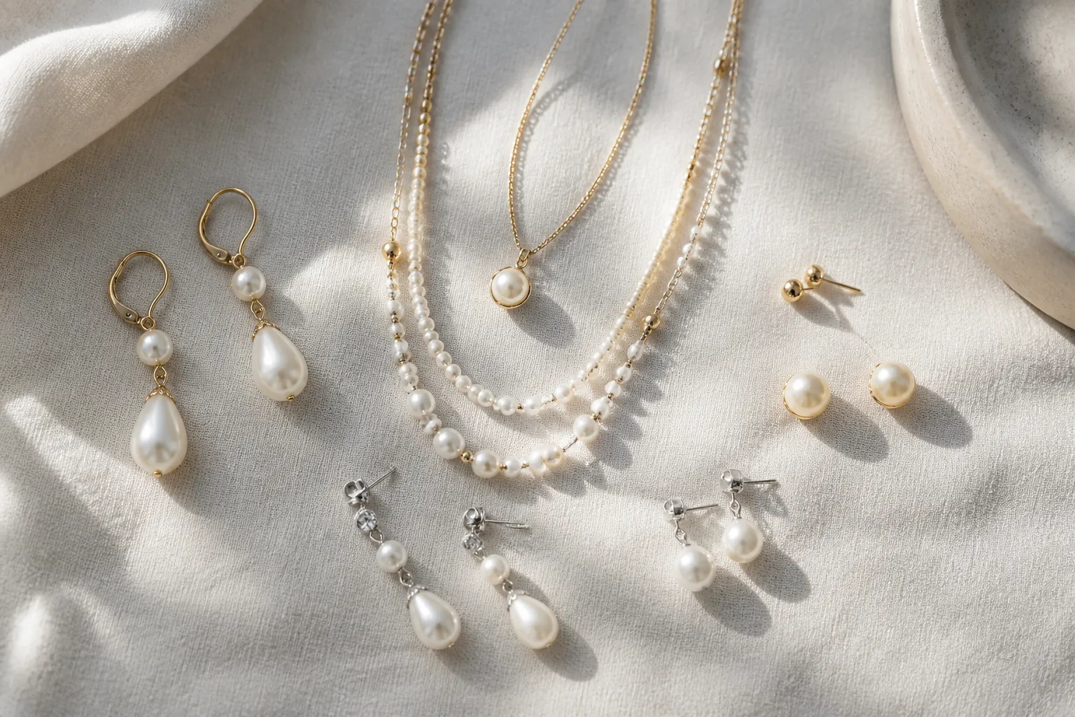 bijoux perles - Photorealistic flat-lay of an assortment of pearl jewelry pieces — drop earrings, a layered necklace, and a stud pair — arranged on pale linen fabric with soft natural window light, shot from directly above, showing gold-plated and rhodium-plated settings alongside glass and faux pearl beads of varying sizes