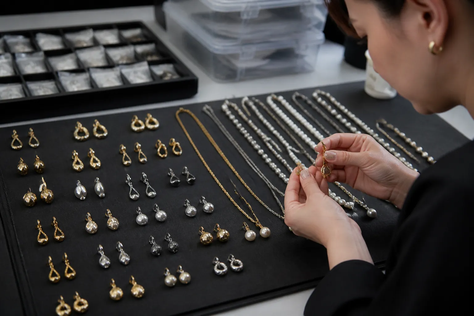 schmuck für frauen - Seitenansicht eines Einkaufstisches mit mehreren Damenschmuck-Mustern aus Gold und Rhodium – Ohrringe, Halsketten und Perlensets nebeneinander zur Qualitätsbewertung