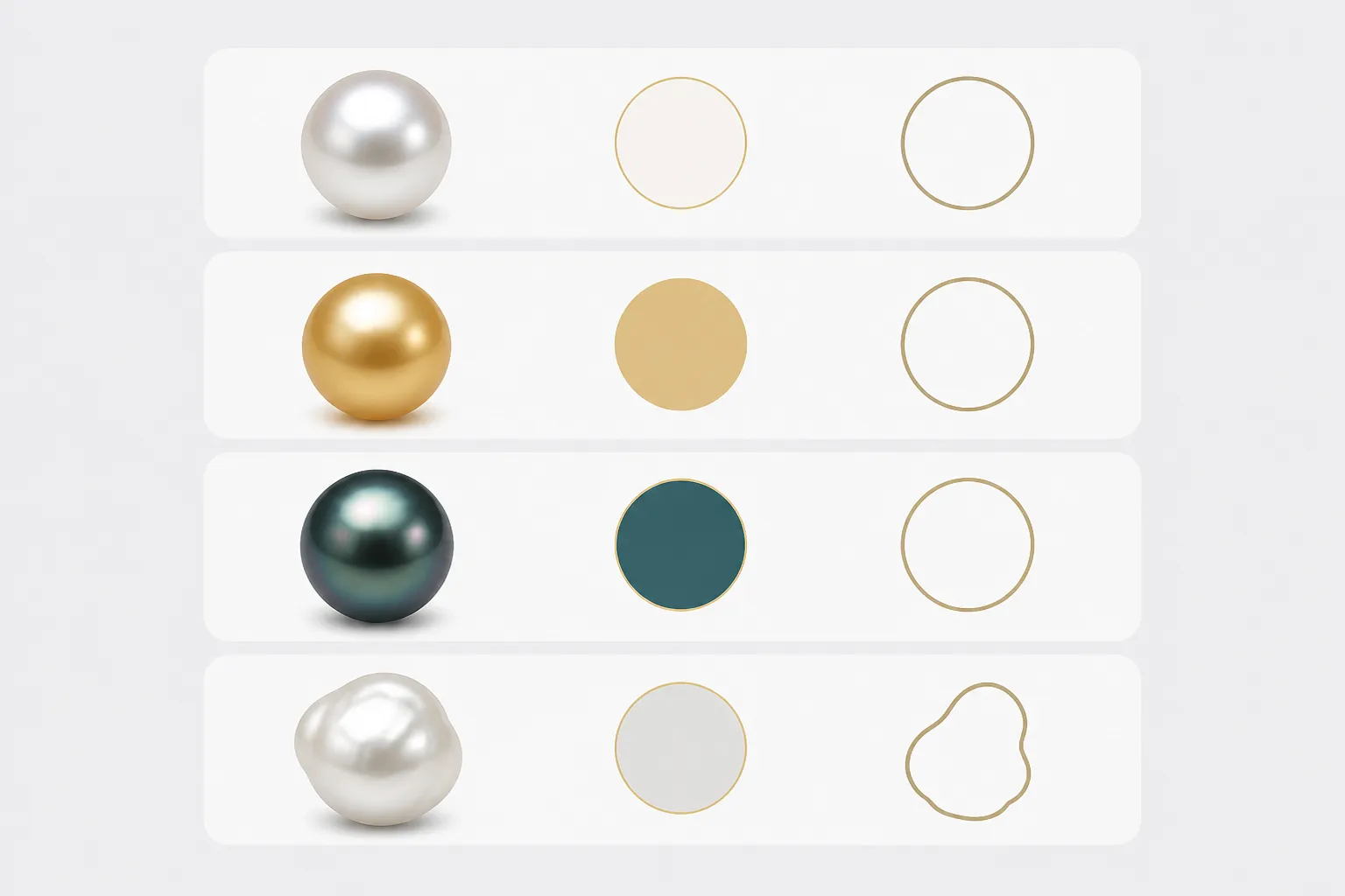 bijoux perles - Clean flat-design educational infographic showing four horizontal rows, each representing a pearl type (Eau douce, Akoya, Verre/Imitation, Pierre naturelle) with a simple icon of the pearl shape, a color swatch, and a brief descriptor label — muted gold, white, teal and charcoal color palette on a light gray background, no photographic elements