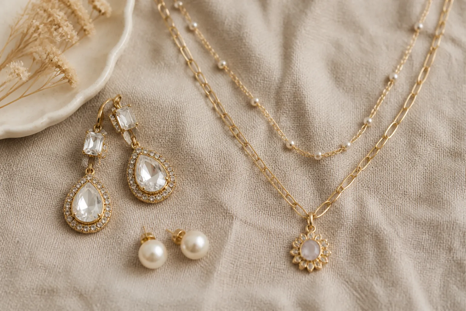schmuck für frauen - Nahaufnahme von goldfarbenem Damen-Schmuck – Ohrringe mit Vintage-Kristall, Halskettenset und Perlenstecker auf neutralem Tuch, zur Veranschaulichung typischer Stile im Katalogprogramm