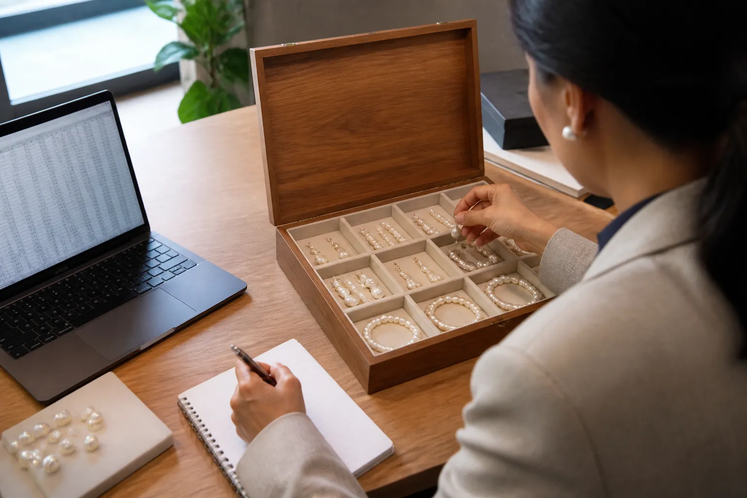 bijoux perles - Photorealistic over-the-shoulder shot of a procurement manager reviewing a pearl jewelry sample order — open wooden sample box with compartmentalized sections holding different earring and necklace styles, person making notes in a notebook, laptop open with a spreadsheet, clean desk in a well-lit office, natural daylight from a side window
