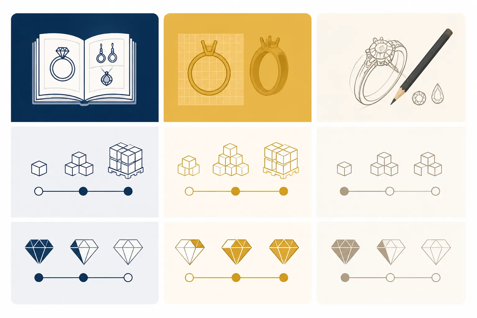 custom jewelry - Sourcing comparison diagram mapping MOQ ranges (1 pc to 500+), lead times (days to 12+ weeks), and design exclusivity levels across stock catalog, OEM, and artisan custom jewelry channels — annotated with decision criteria for each buyer profile