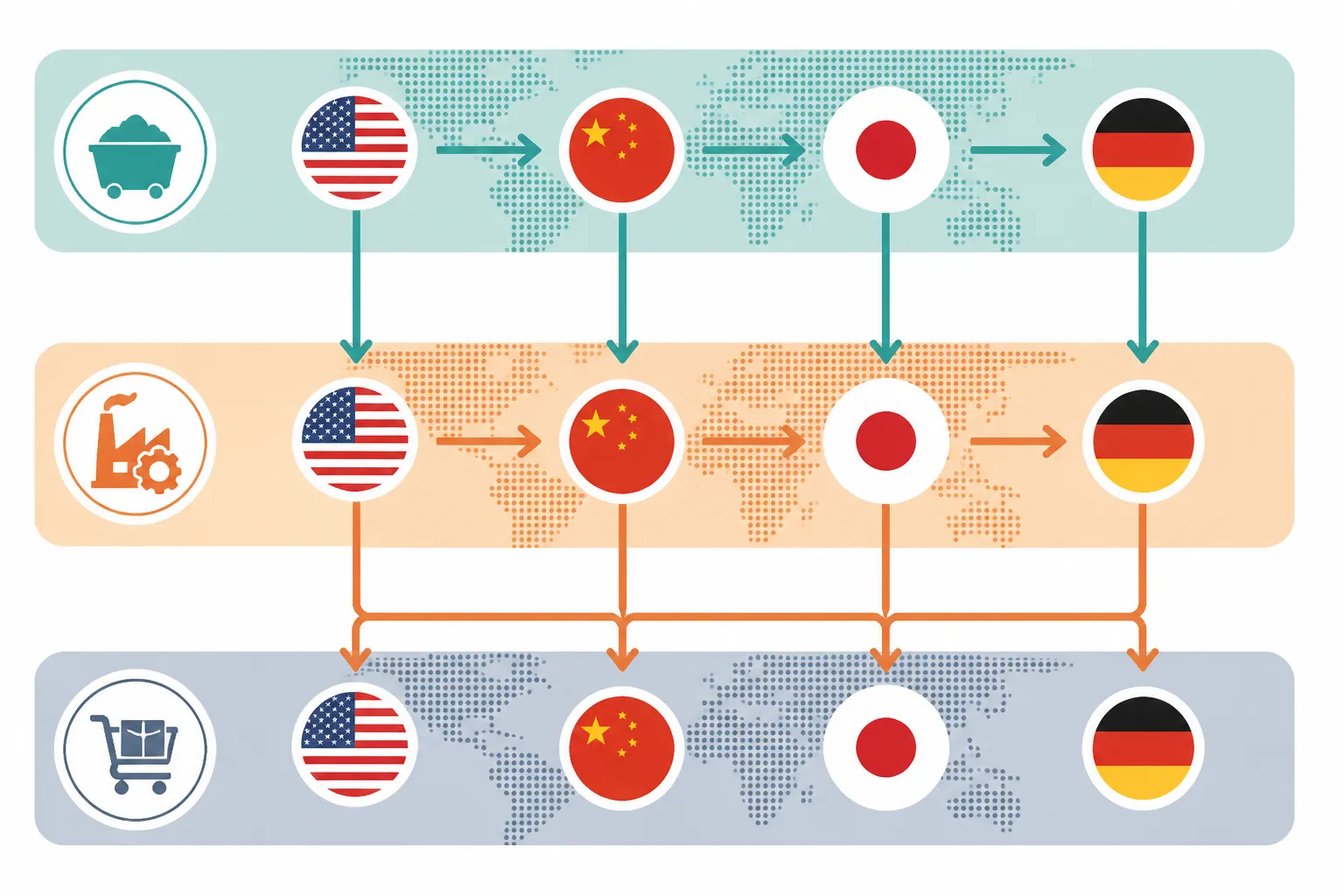 what does manufacturing mean - Clean flat-design informational diagram showing a global manufacturing value chain for a consumer electronics product—three horizontal tiers labeled "Raw Materials & Components," "Physical Transformation," and "Brand / Distribution"—with arrows flowing between geographic nodes (USA, China, Japan, Germany), distinct teal/orange/slate color zones per tier, simple country flag icons, white background