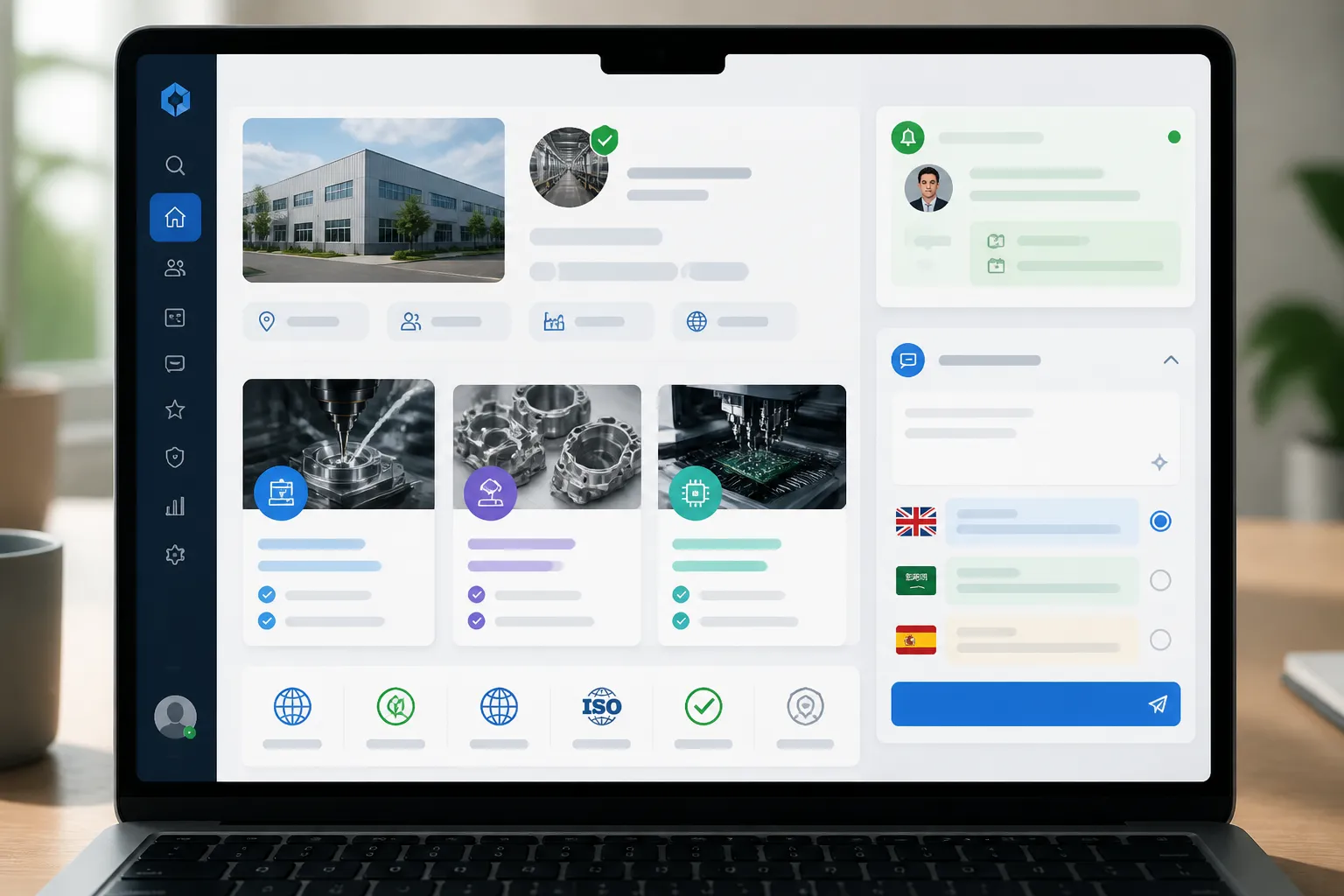 what does manufacturing mean - Annotated UI mockup on a laptop showing a Chinese factory supplier profile dashboard—verified factory badge, capability tiles listing specific processes (CNC Machining, Die Casting, SMT Assembly), certification icons (ISO 9001, CE, RoHS), a recent inquiry notification from an English-speaking buyer, and a sidebar showing multilingual response status with English/Arabic/Spanish flag icons; clean modern SaaS interface