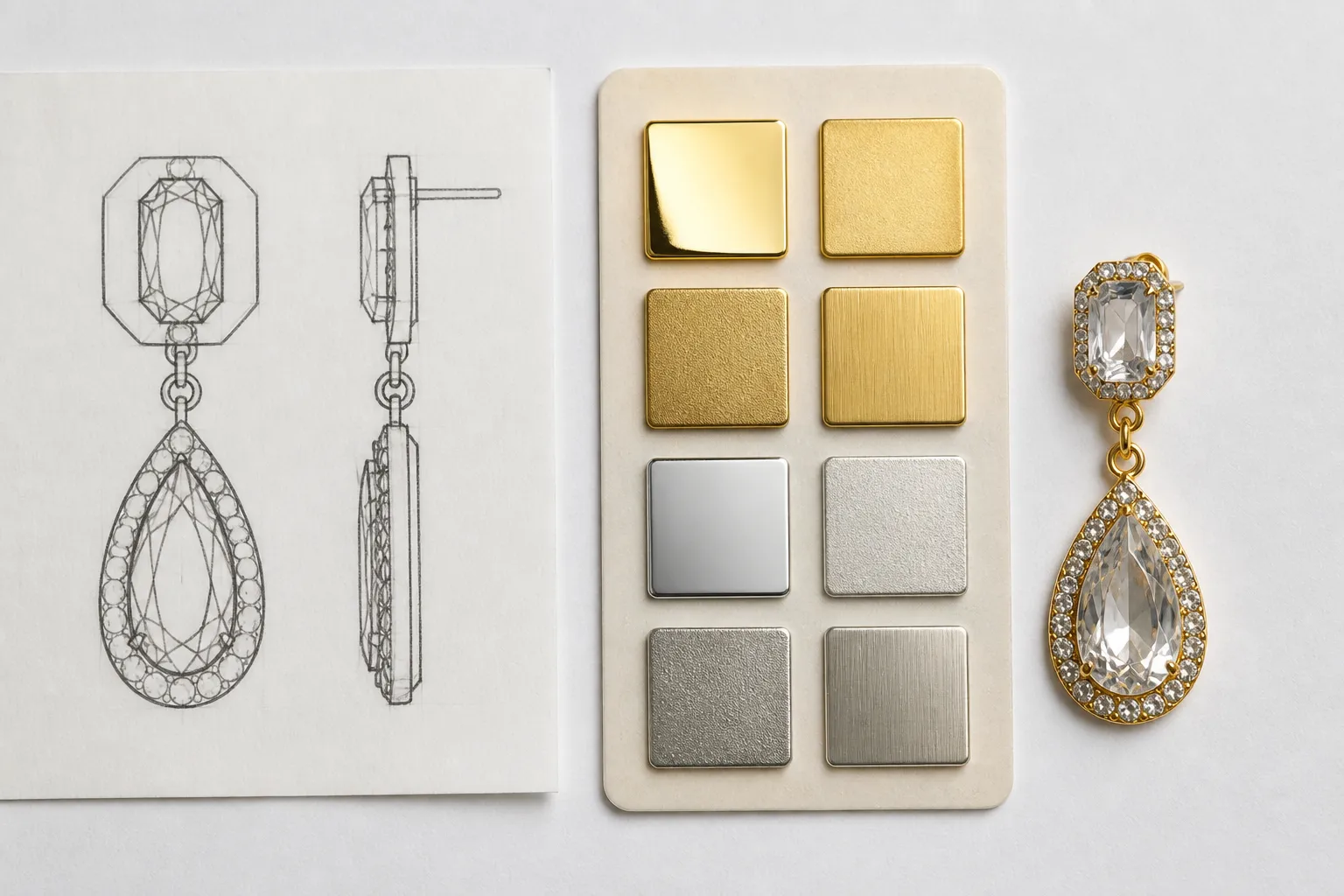 custom jewelry - Side-by-side flat-lay of a custom OEM jewelry brief — CAD sketch, metal swatch card, plating samples, and a finished rhinestone drop earring prototype on a white sourcing table