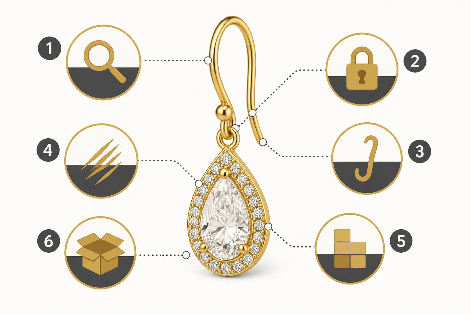 custom jewelry - Annotated QC checklist diagram showing six inspection points on a gold-plated drop earring — plating adhesion, stone setting security, clasp function, surface scratches, finish consistency, and packaging integrity