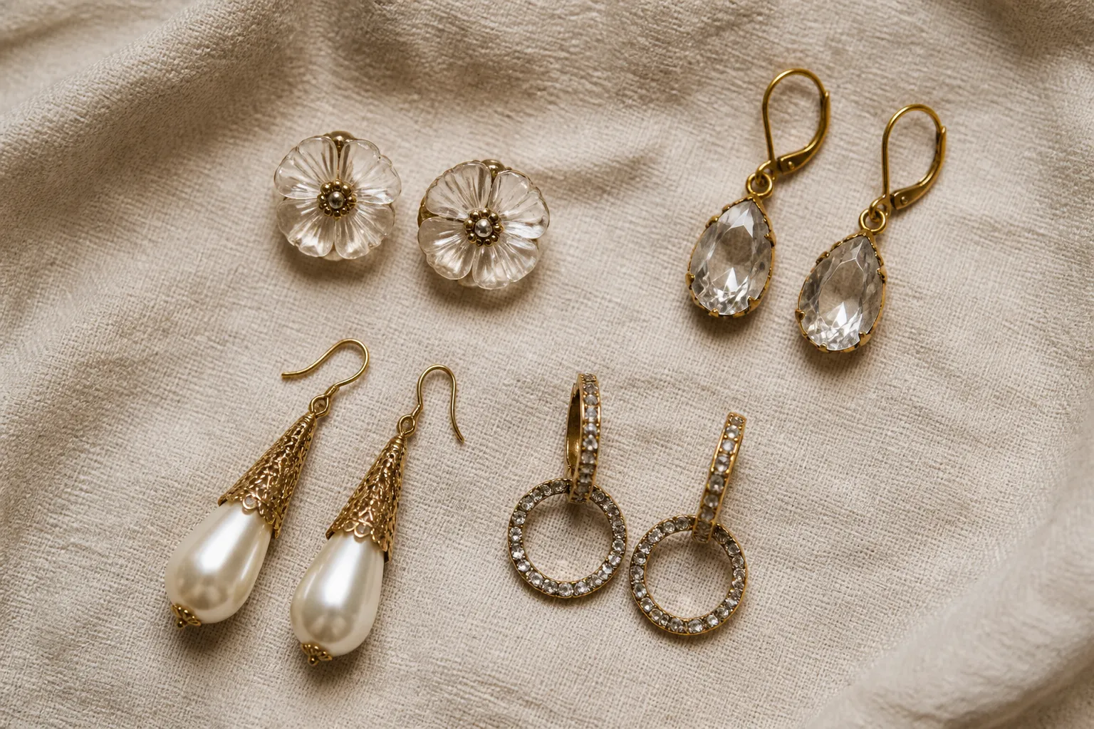 pendientes vintage - Photorealistic flat-lay photograph of five pairs of vintage-style earrings arranged on a neutral linen background — glass flower studs in black and red, crystal drop earrings with gold-plated settings, pearl cone drops and rhinestone hoops — natural side lighting revealing material texture and finish detail