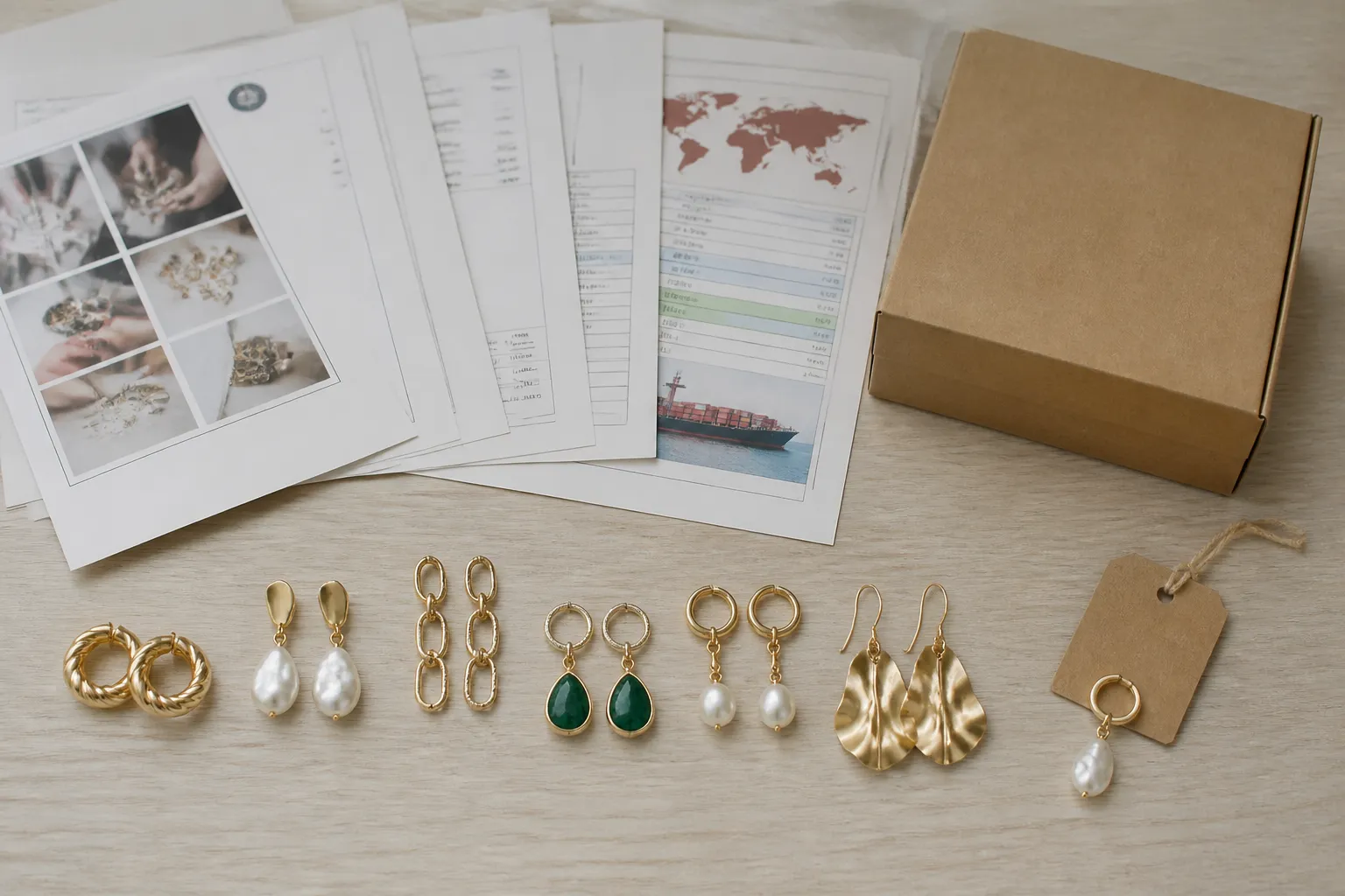 custom jewelry - Editorial photo of a flat-lay sourcing assortment — a row of 6 different earring styles from a stock catalog next to a custom sample earring with a private-label hang tag and a branded packaging box, all on a sourcing desk with trade paperwork