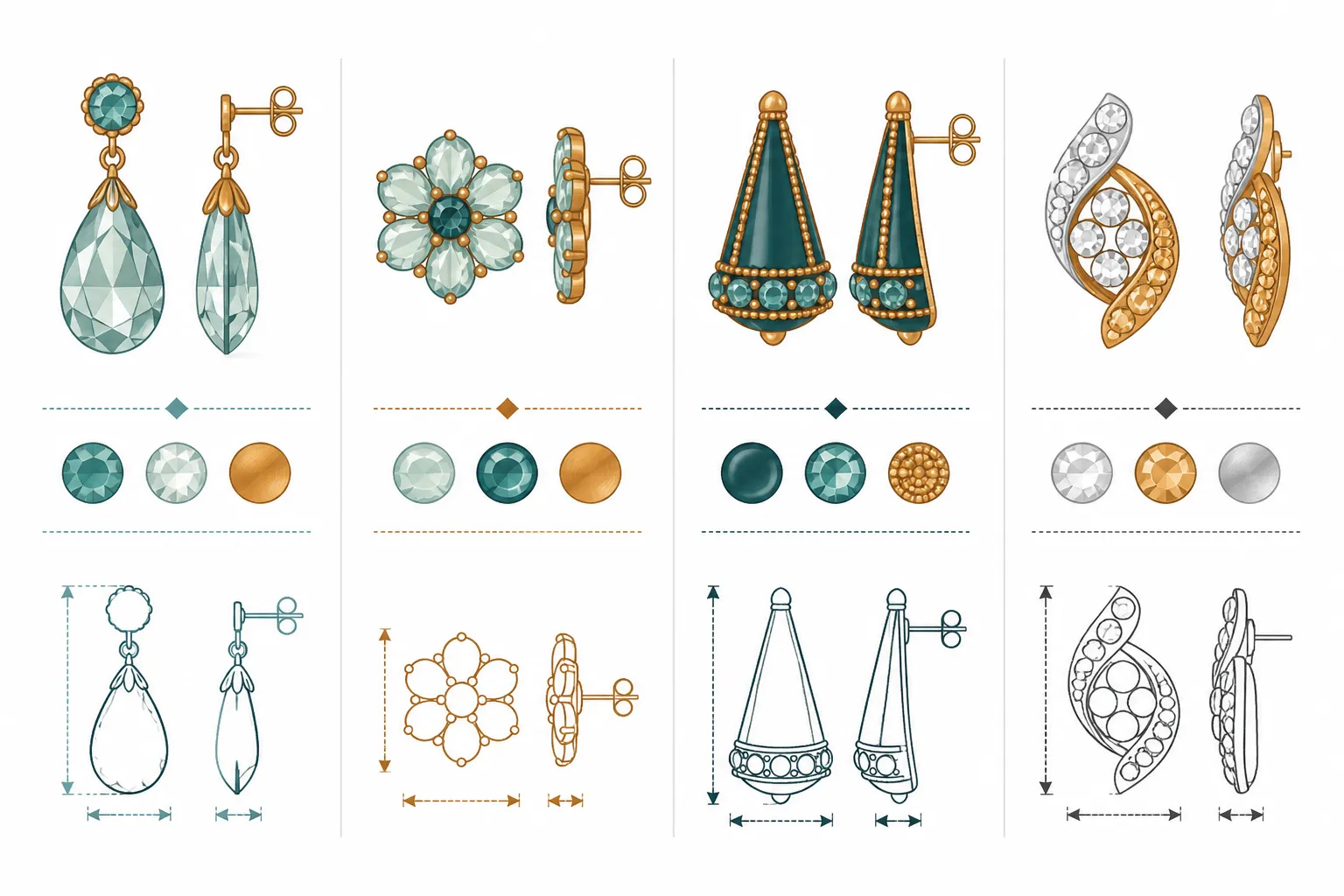 pendientes vintage - Clean informational diagram with four labeled sections comparing vintage earring styles side by side — drop crystal, floral glass stud, cone-shaped set, and two-tone rhinestone — each section shows a flat-design icon of the earring shape, key material callout, and typical dimensions; teal, amber, and charcoal color palette on white background, no photography
