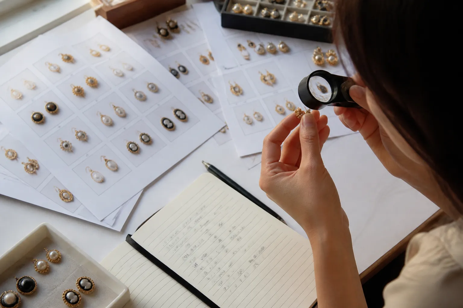 pendientes vintage - Editorial overhead photograph of a procurement workspace: printed catalog pages of vintage earring styles arranged on a large table, a hand holding a stud earring under a small magnifying lens to inspect plating, a notebook with handwritten MOQ and lead time notes, soft natural window light from the left, authentic working context