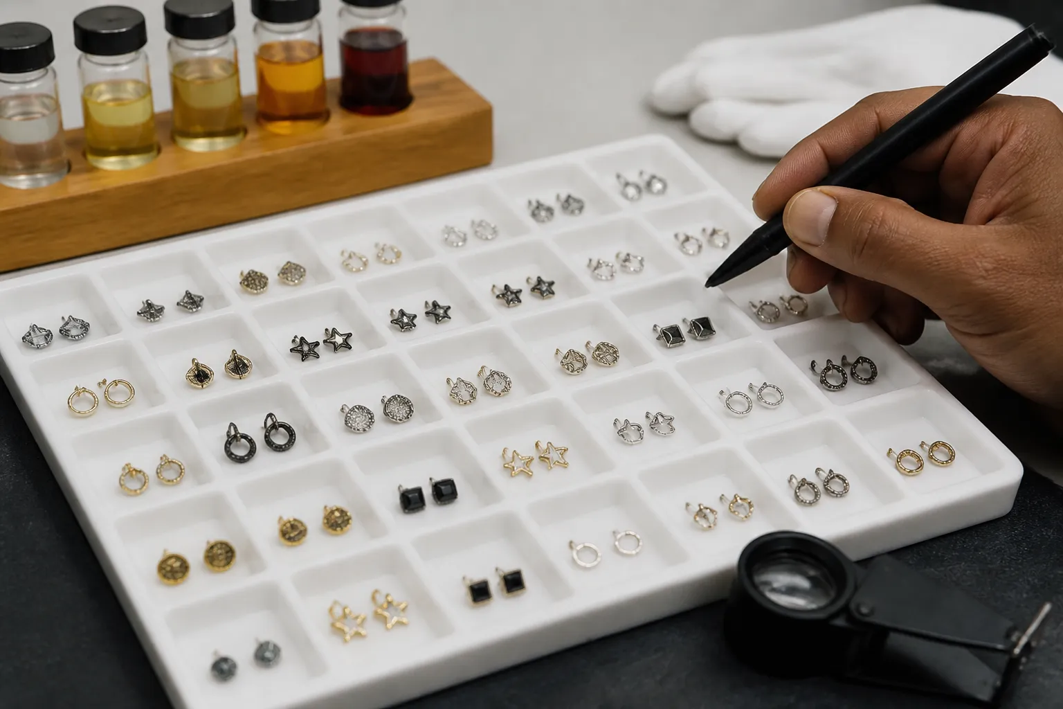 herren ohrringe - Nahaufnahme eines QC-Prüfprozesses: Herren Ohrringe auf einer Prüfplatte mit Vergrößerungsglas, Vergoldungstest-Kit und Stift-Markierungen – typische OEM-Qualitätskontrolle vor Versand
