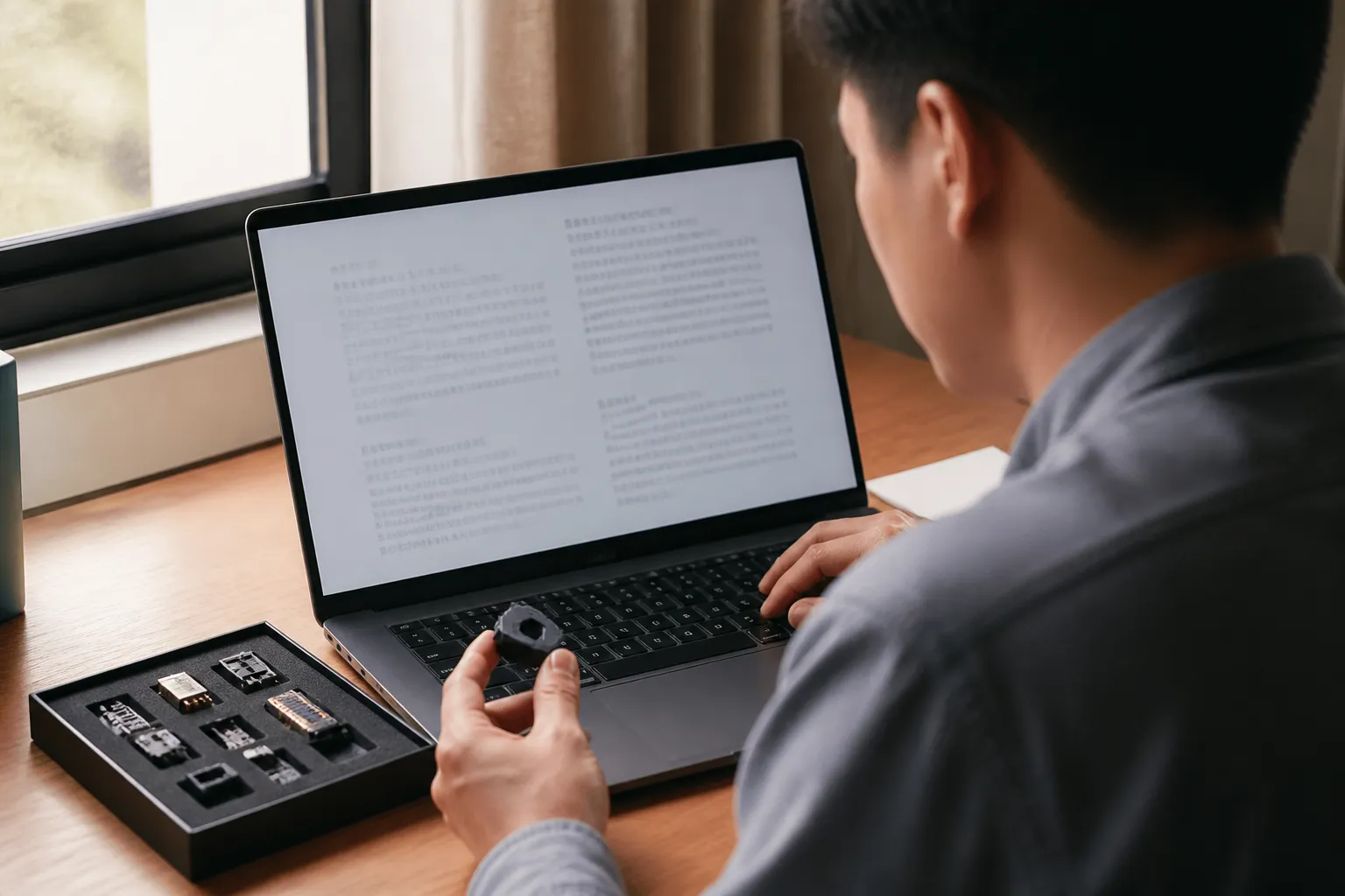 manufacturing synonym - Photorealistic over-the-shoulder shot of an overseas sourcing buyer reviewing a multilingual supplier contract on a laptop, with a physical product sample (small electronics component) on the desk beside them, warm daylight from a side window, documentary photography style, shallow depth of field on the printed document