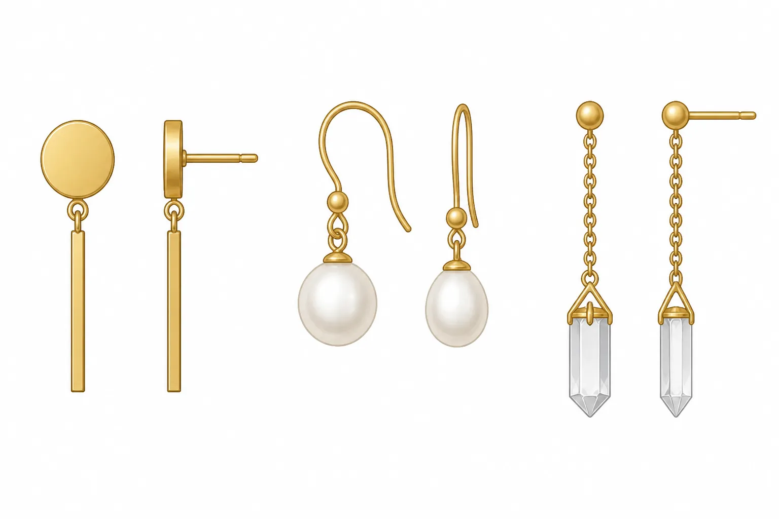 boucles d'oreilles pendantes - Comparaison annotée des principales typologies de boucles d'oreilles pendantes — clou avec tige à tête plate, crochet avec perle suspendue, chaîne avec cristal — disposées côte à côte sur fond blanc avec étiquettes techniques