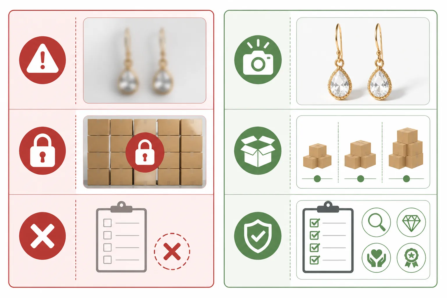 boucles d'oreilles pendantes - Infographie comparative : à gauche, liste illustrée des red flags fournisseurs (photos floues, MOQ opaques, pas de QC) ; à droite, les équivalents « bon fournisseur » — fond rouge/vert clair, style éditorial professionnel