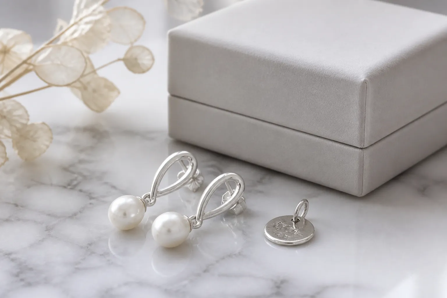 plata de ley 925 - Fotografía de un pendiente colgante de plata 925 con perla, estilo minimalista, junto a su caja de presentación y la etiqueta con el sello 925 visible, sobre superficie de mármol blanco — imagen de referencia de producto para e-commerce