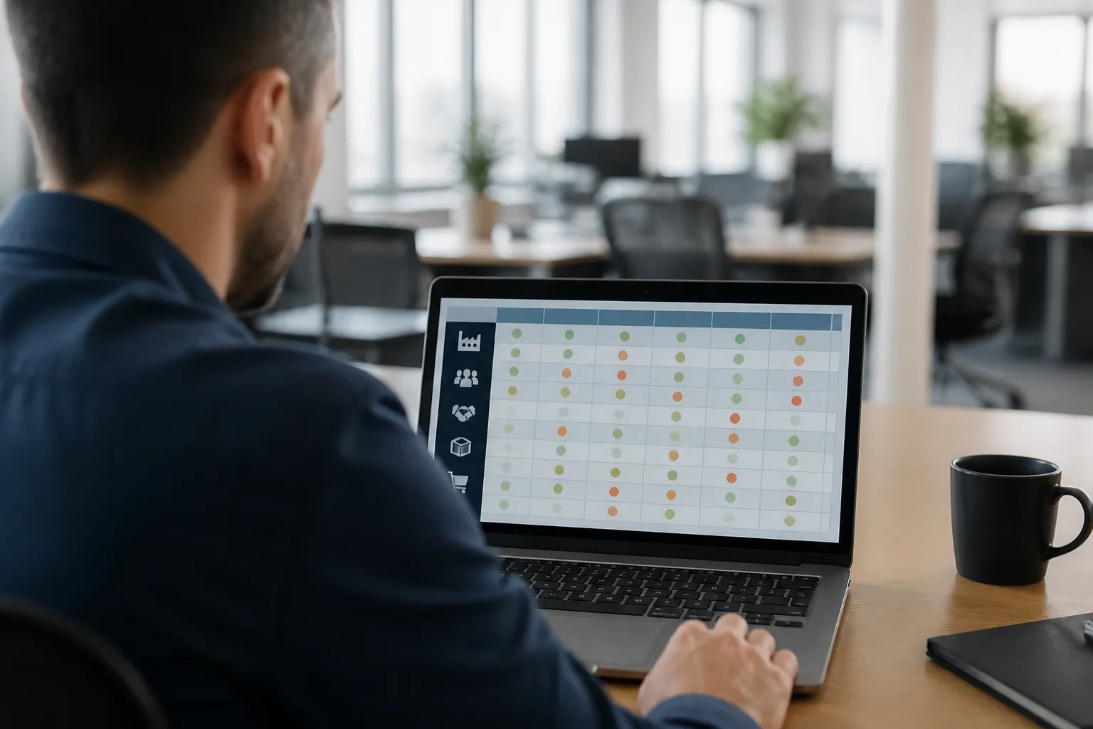 manufacturer synonym - Photorealistic over-the-shoulder shot of a sourcing buyer reviewing a multi-column supplier comparison spreadsheet on a laptop in a clean open-plan office, natural morning window light, shallow depth of field on the screen showing terms like 'OEM', 'fabricator', 'producer' in different rows