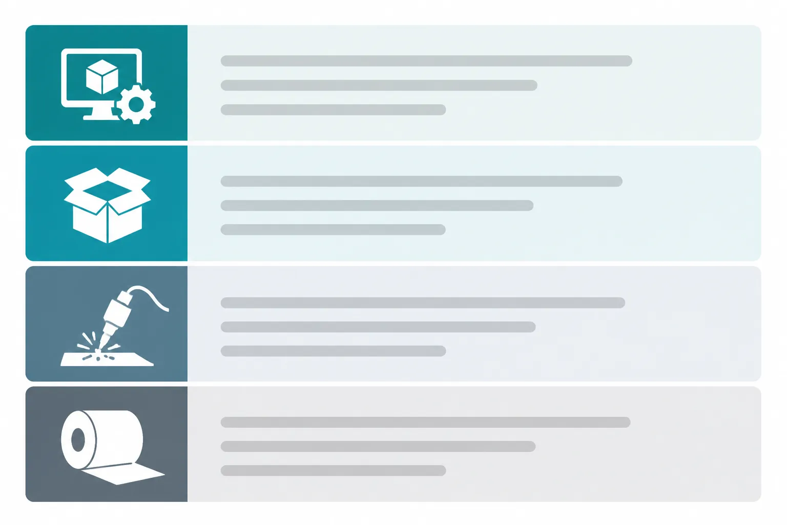 manufacturer synonym - Clean flat-design infographic diagram showing four horizontal lanes labeled 'OEM', 'ODM', 'Fabricator', and 'Processor', each with a simple icon and two-line description, teal and gray color palette, white background, no typography in the visual itself