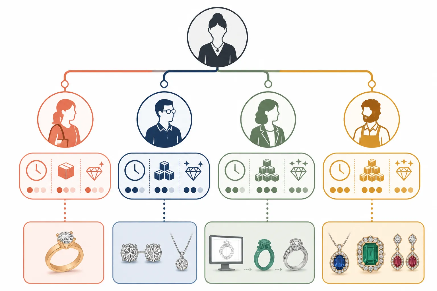 custom jewelry - Annotated decision diagram showing how different buyer types (DTC store owner, importer, boutique buyer, luxury retailer) map to different custom jewelry alternatives based on MOQ, lead time, and personalization depth requirements