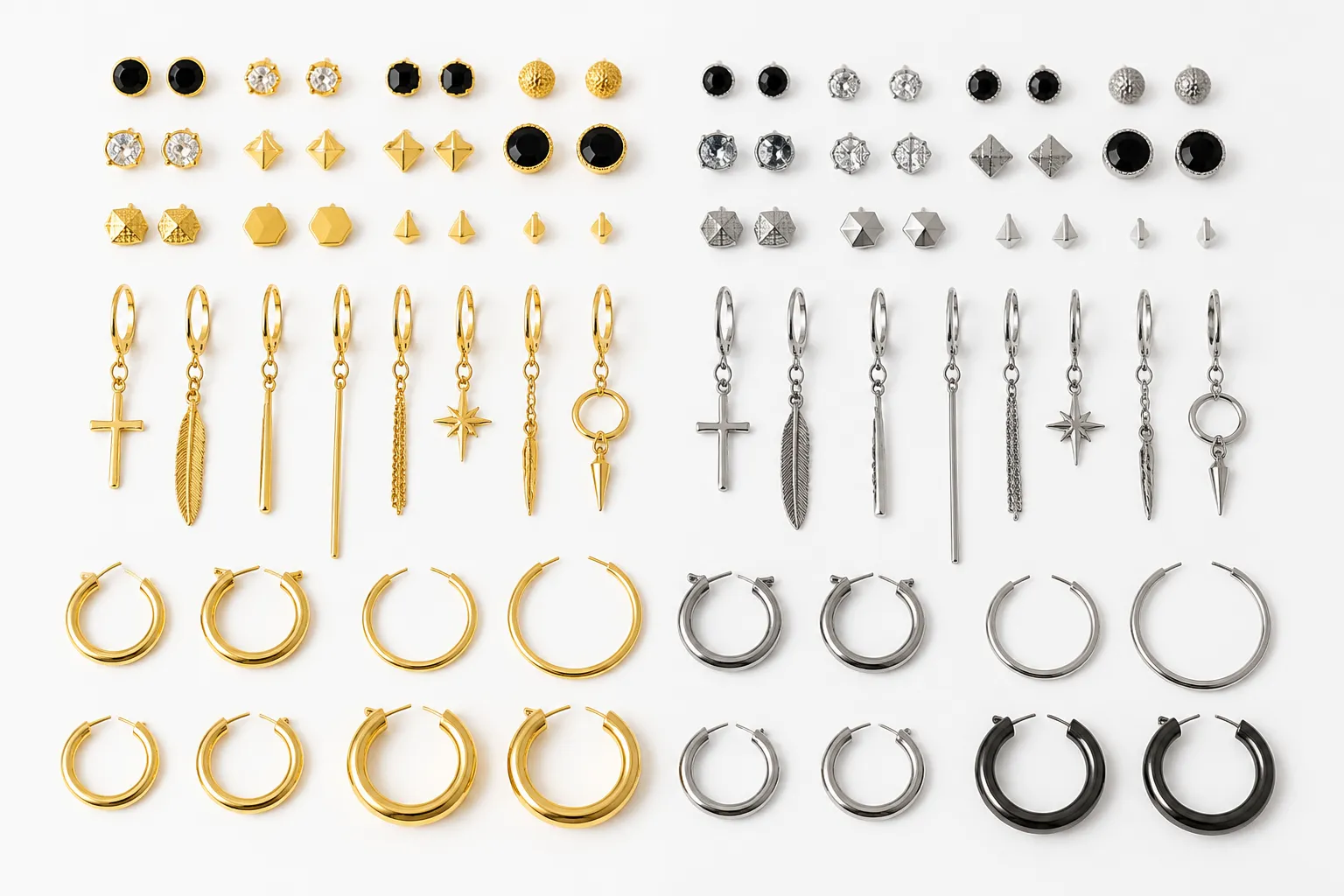 ohrringe herren - Produktkatalogseite eines OEM-Schmucklieferanten — mehrere Stilreihen für Herrenohrringe in vergoldetem Kupfer und Rhodiumoptik, darunter Studs, Drop-Ohrringe und Kreolen, beschriftet mit Stilnummer, Material und MOQ-Angabe