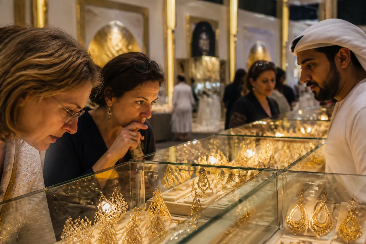 معرض مجوهرات الشارقة - Photorealistic scene of a well-lit jewelry exhibition hall in Sharjah with glass display cases featuring gold-plated and crystal earring sets, buyers examining pieces up close, warm ambient lighting highlighting intricate metalwork, documentary photography style