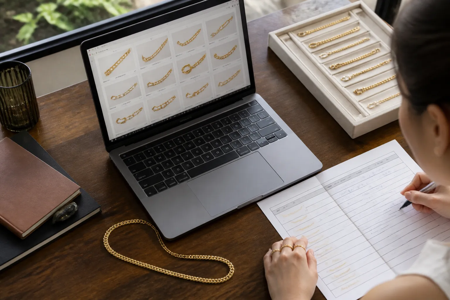 chaine en or - Editorial top-down photo of a B2B sourcing workspace — open laptop showing a jewelry supplier catalog page with chain thumbnails and MOQ specifications, beside it a printed order form with handwritten notes in French, a gold chain necklace sample laid across the table, warm natural window light, authentic office environment