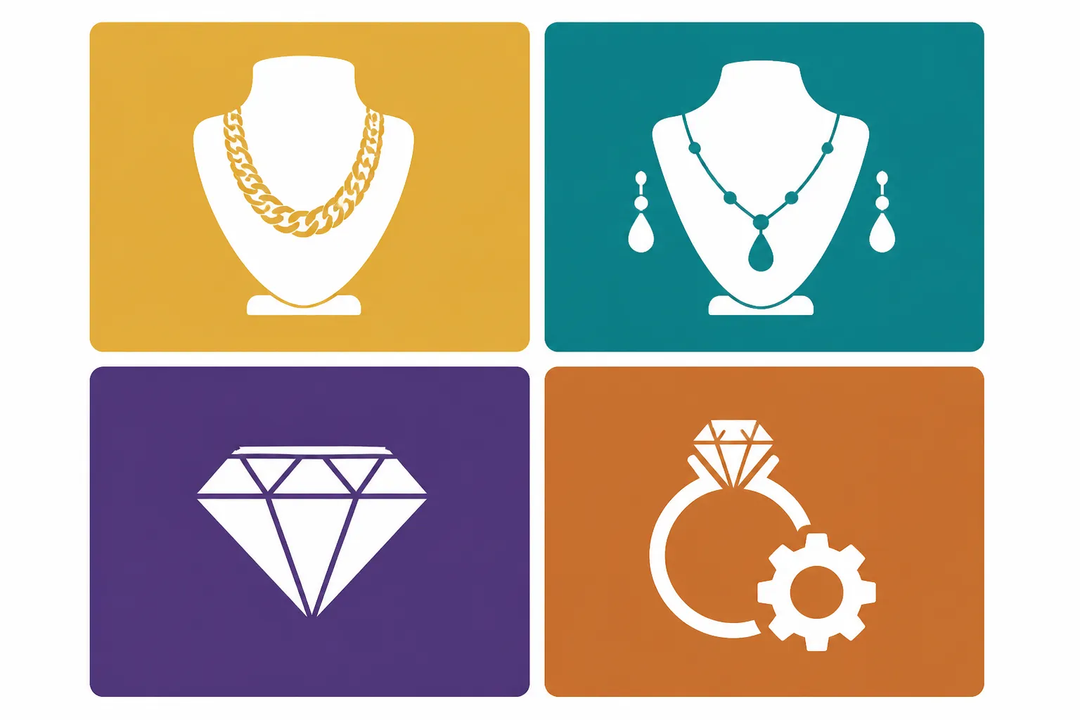 معرض مجوهرات الشارقة - Informational flat-design diagram showing four booth categories at a jewelry exhibition — gold jewelry, fashion jewelry, gemstones, OEM/custom — each zone in distinct color (gold, teal, deep purple, copper), simple product icon per zone, clean white background with Arabic labels