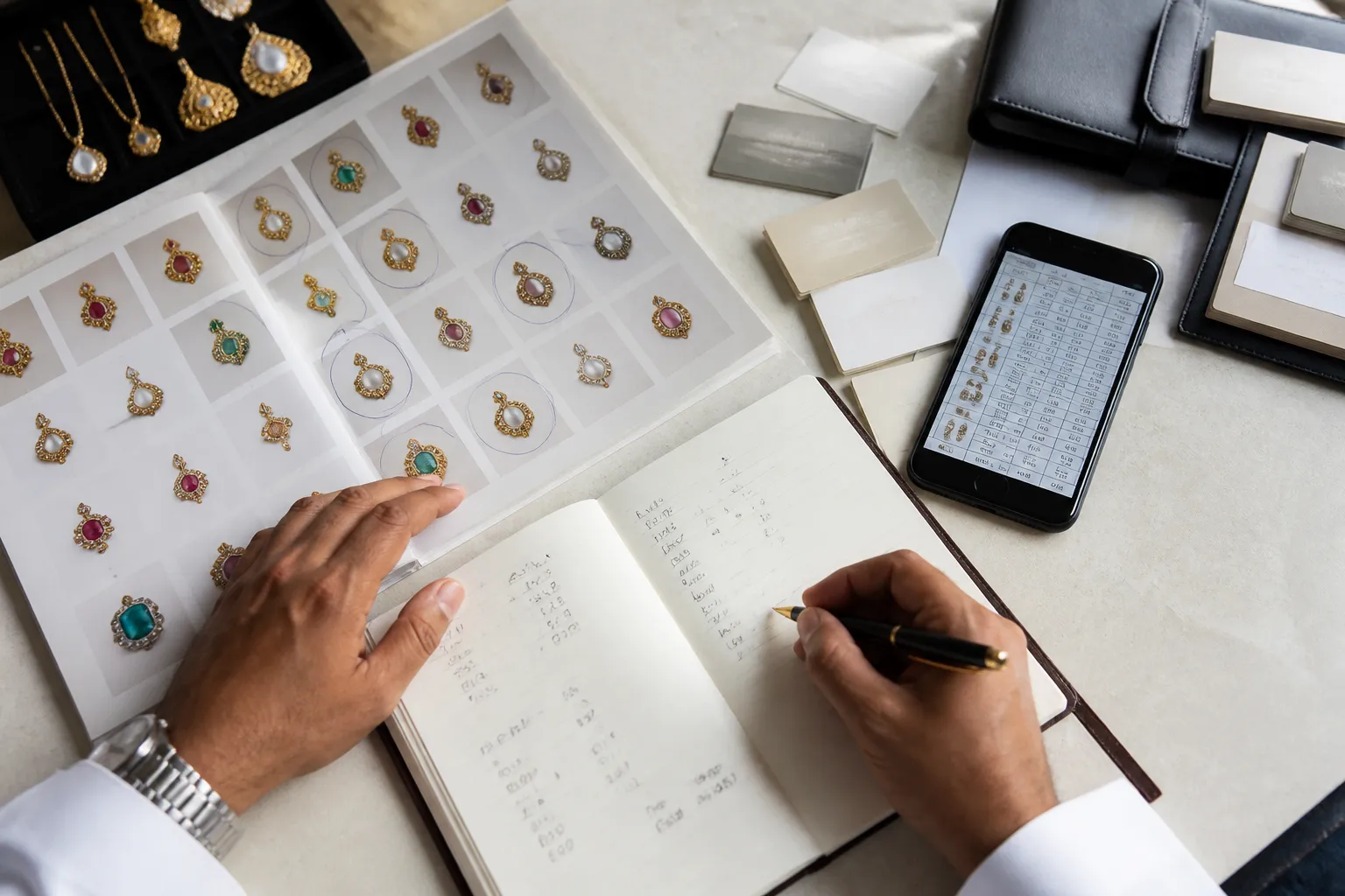 معرض مجوهرات الشارقة - Editorial top-down photo of a procurement professional's workstation during a jewelry fair: printed catalog with circled product samples, business cards from suppliers, notebook with handwritten MOQ and lead time notes, smartphone showing a product comparison spreadsheet, natural window light, clean desk