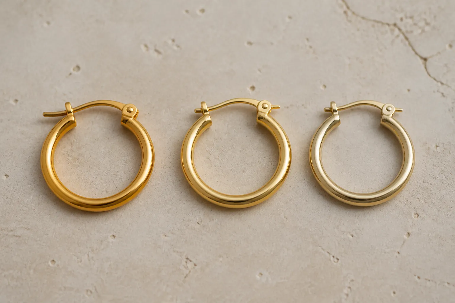 pendientes de oro hombre - Comparativa fotográfica de tres tipos de pendientes de aro para hombre sobre fondo neutro: oro macizo 18k, chapado en oro sobre plata y chapado en oro sobre cobre — mostrando diferencias de tono y acabado