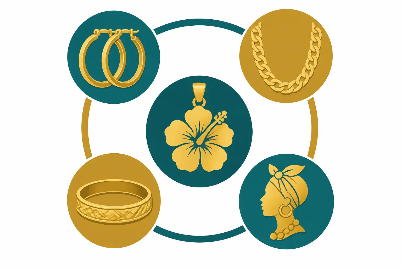 bijoux antillais - Informational flat-design diagram showing the 5 main categories of bijoux antillais — créoles, chénier, Hibiscus pendant, jonc bracelet, and tété négresse — arranged in a clean circular layout with a teal and gold color palette, simple silhouette icons, white background, French category labels