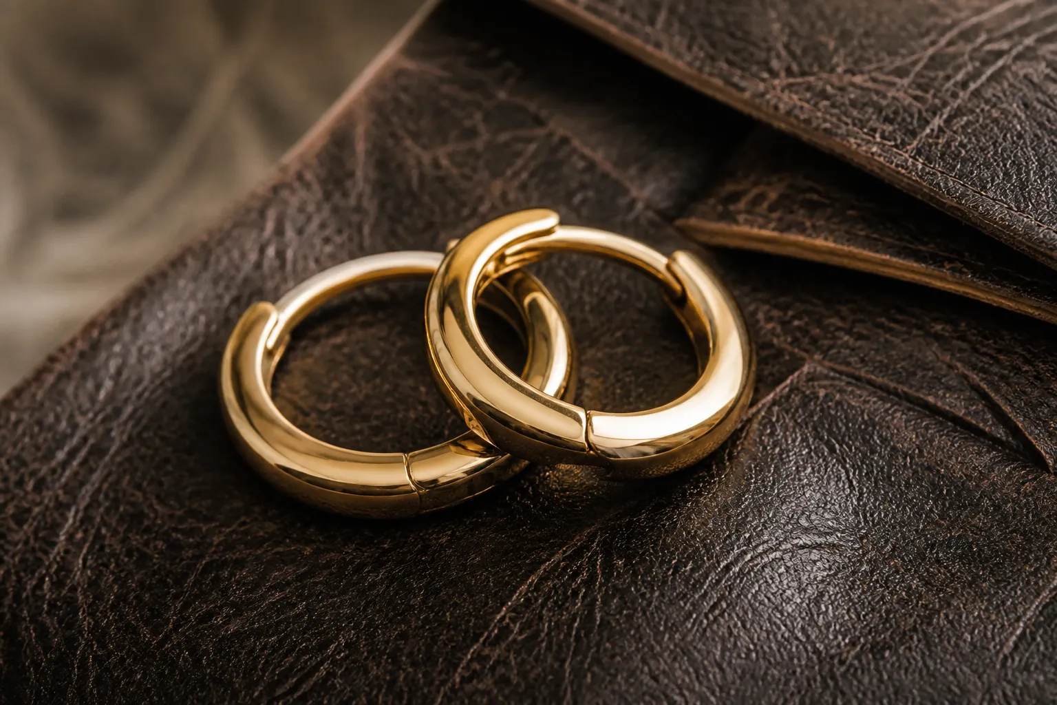 pendientes de oro hombre - Fotografía editorial de pendientes de aro dorados para hombre sobre superficie de piel oscura, mostrando proporciones y acabado realista — contexto de uso cotidiano