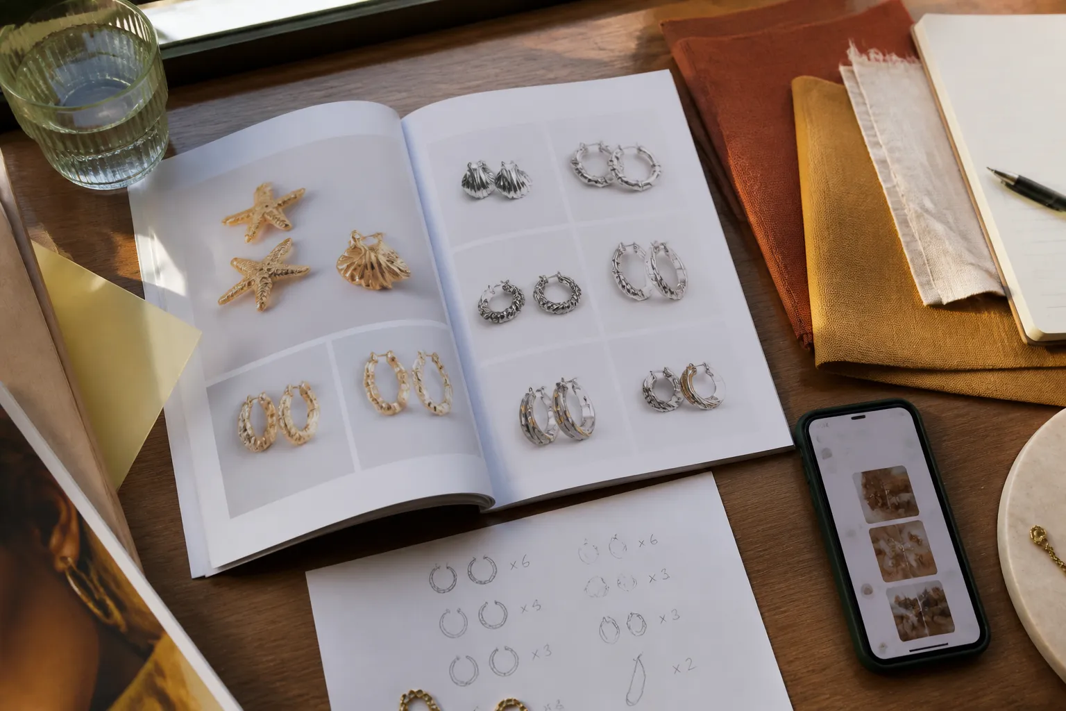 bijoux antillais - Editorial top-down photo of a procurement workspace for jewelry sourcing: open catalog showing gold and rhodium-plated earring styles, handwritten notes with MOQ figures, a smartphone displaying a supplier WhatsApp conversation in French, fabric swatches in warm tones, natural window light from the side, authentic working environment