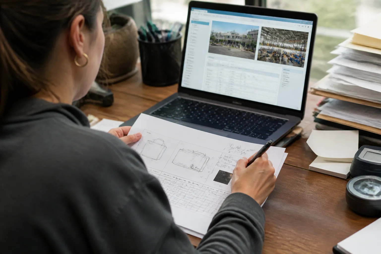 manufacturing synonyms - Photorealistic over-the-shoulder shot of a sourcing buyer at a desk reviewing a printed RFQ document alongside a laptop screen displaying a supplier profile, shallow depth of field, warm natural office light, pen in hand mid-annotation, authentic working environment