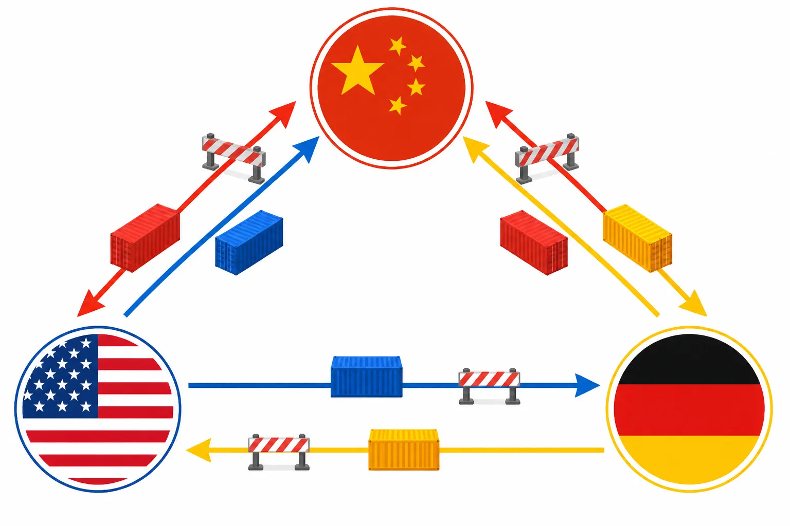 zoll china usa - Infografik-Diagramm mit den wichtigsten Handelsströmen zwischen China, USA und Deutschland – Zollstufen und Warenflüsse im Überblick