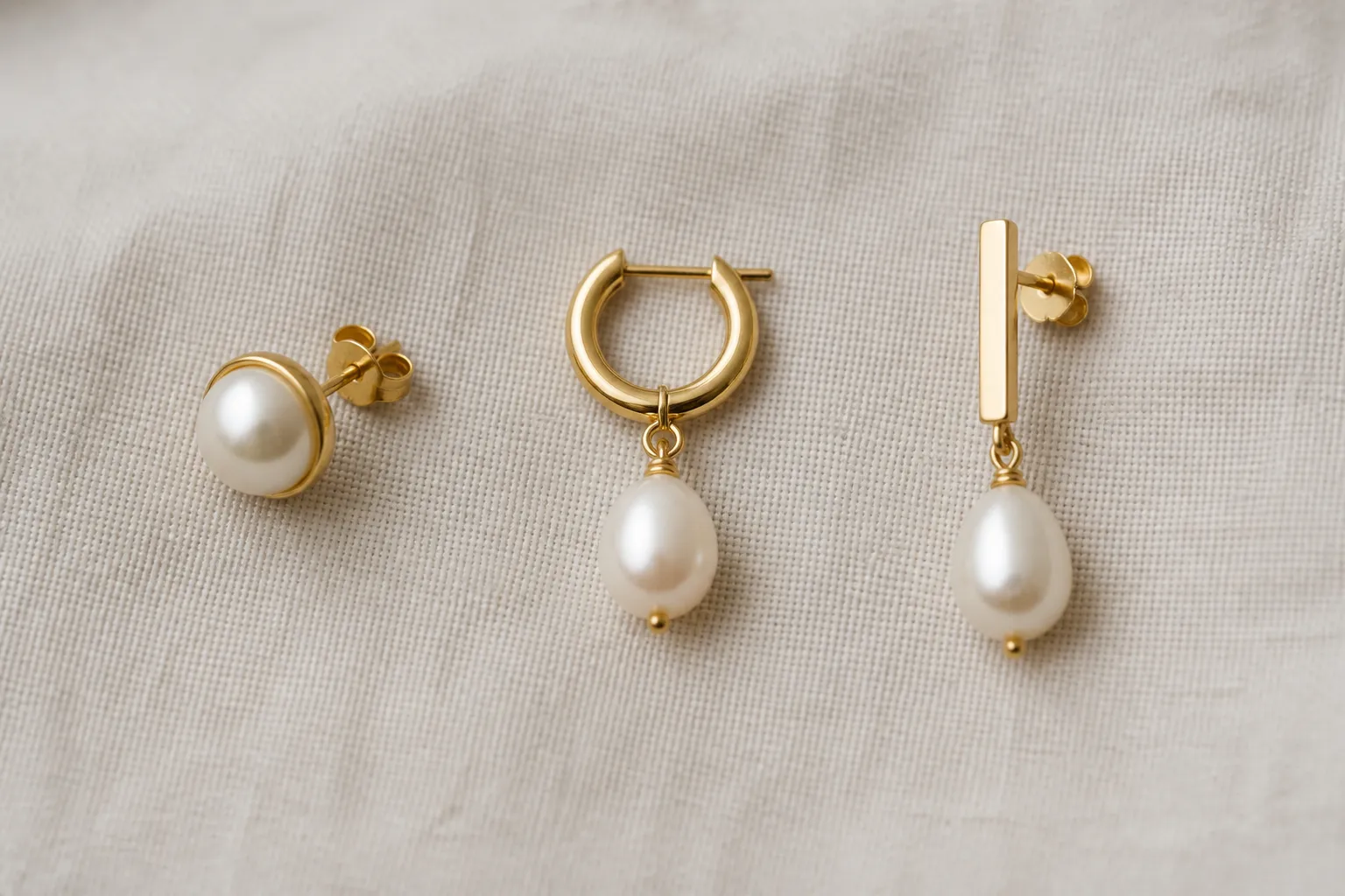 pendientes oro perla - Fotografía editorial comparando tres variantes de pendientes oro perla: botón clásico en oro amarillo, aro con perla colgante chapado en oro y pendiente minimalista barra metálica con perla gota