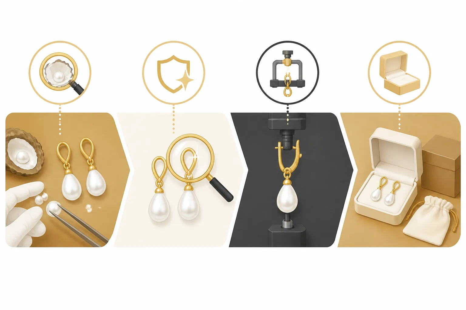 pendientes oro perla - Diagrama ilustrativo del proceso de control de calidad en joyería B2B: inspección de materia prima, verificación de chapado, control de cierre y empaque final antes de envío