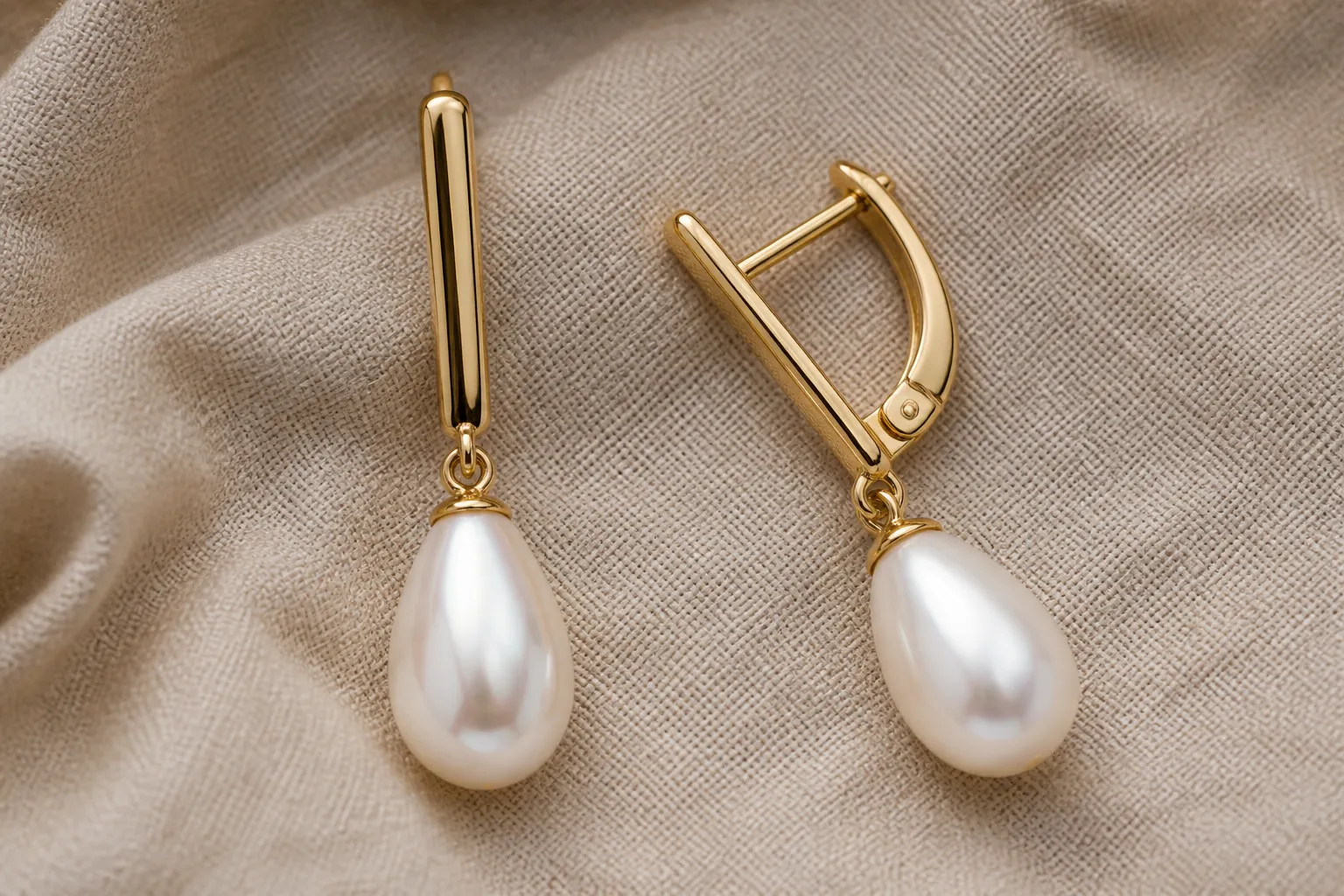 pendientes oro perla - Foto editorial de pendientes barra metálica con perla gota en acabado oro sobre fondo neutro, mostrando detalles de cierre y proporción de la perla respecto a la montura