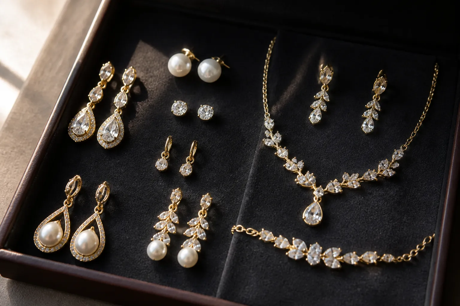 محلات مجوهرات - Photorealistic top-down flat lay of an elegant jewelry display: gold-plated drop earrings, pearl stud earrings, and rhinestone necklace sets arranged on a dark velvet tray, warm natural window light from the left, shallow depth of field highlighting craftsmanship details