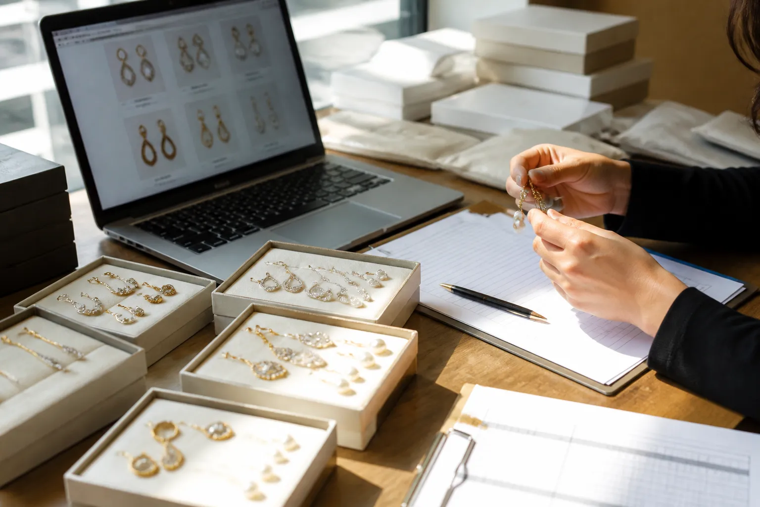 محلات مجوهرات - Editorial photo of a professional jewelry procurement workspace: open sample boxes with gold-plated earrings and rhinestone drop pieces arranged on white foam inserts, a laptop showing a supplier catalog in the background, invoice papers and a quality control checklist in foreground, natural daylight, authentic business setting