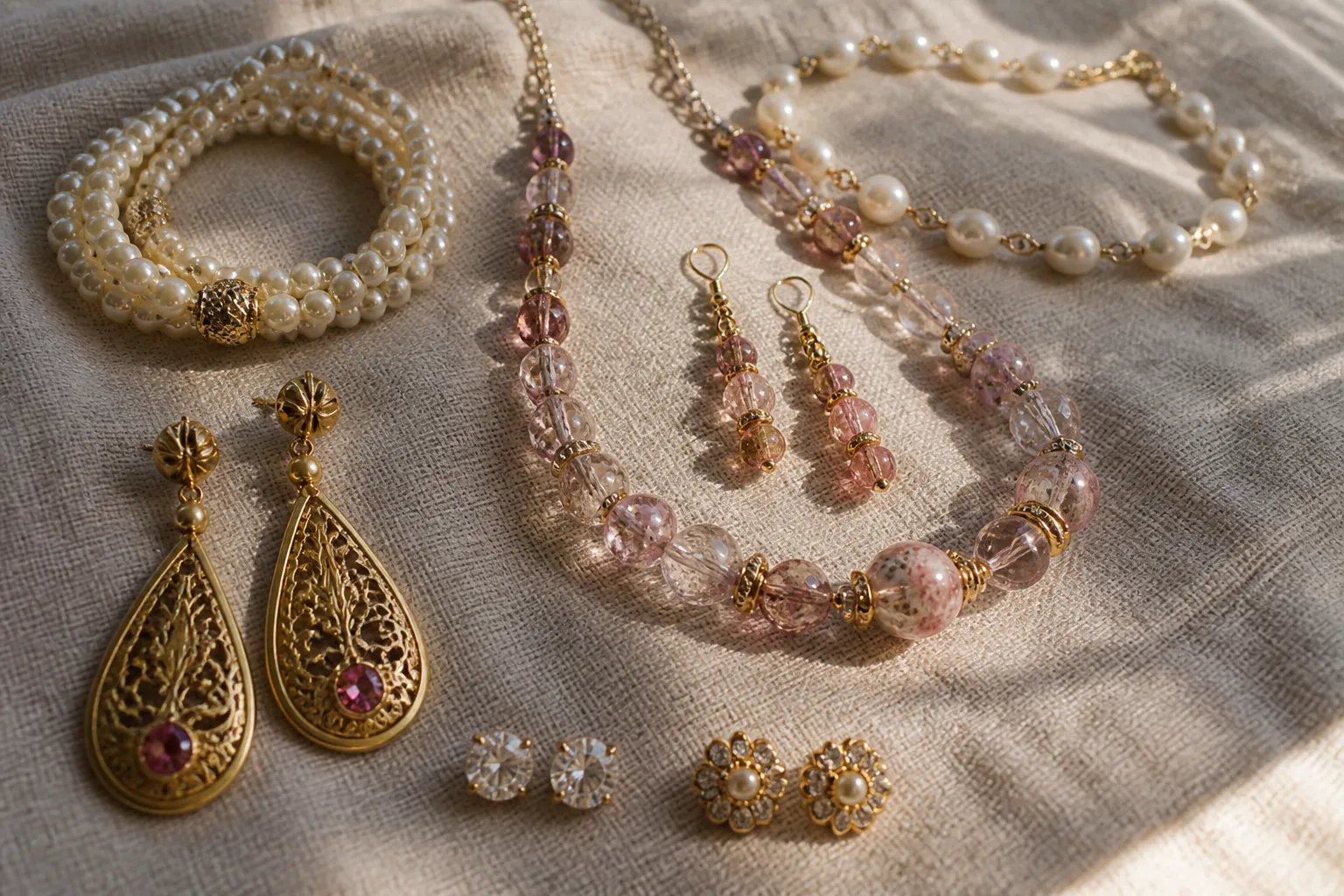 bijoux fantaisie - Photorealistic flat-lay of a curated selection of fashion jewelry — gold-plated copper drop earrings, rhinestone stud earrings, a glass bead necklace and earring set, and faux pearl bracelets, arranged on a textured linen surface with natural side lighting, close-up documentary product photography with shallow depth of field