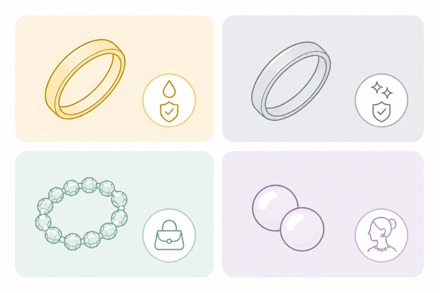 bijoux fantaisie - Clean flat-design infographic showing four fashion jewelry material types in separate color zones — gold-plated copper, rhodium-plated copper, glass beads, and faux pearls — each zone has a simple line icon representing the material, a one-line durability descriptor, and a typical use-case label, white background, minimal contemporary sans-serif labels, no photorealistic elements