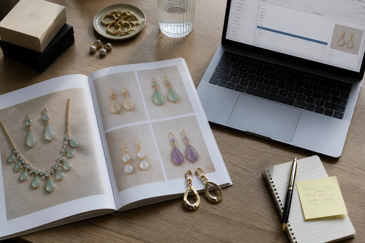 bijoux fantaisie - Editorial top-down photograph of a professional jewelry sourcing workspace — a printed product catalog open to a spread of drop earrings and necklace sets, a laptop displaying a B2B order form, a physical gold-plated copper earring sample resting on the catalog page, a pen with handwritten MOQ and shipping notes on a sticky note beside it, natural window light, clean and professional desk environment